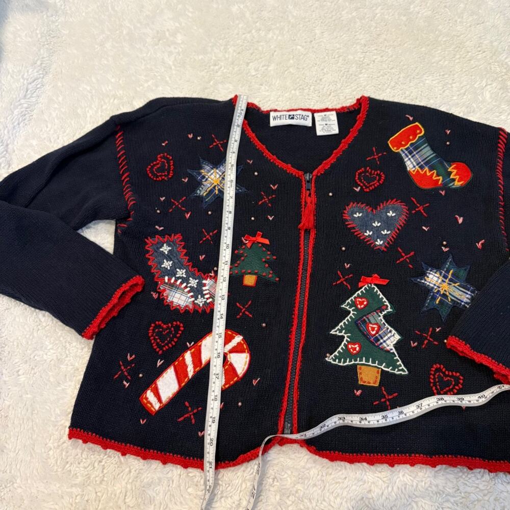 VTG Christmas Navy Women M Stocking Holiday 90s Retro Festive Cotton Embroidered - Picture 4 of 5
